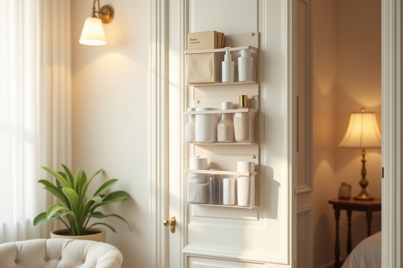 Over-the-door organizer with clear pockets displays toiletries and grooming supplies on bathroom door.