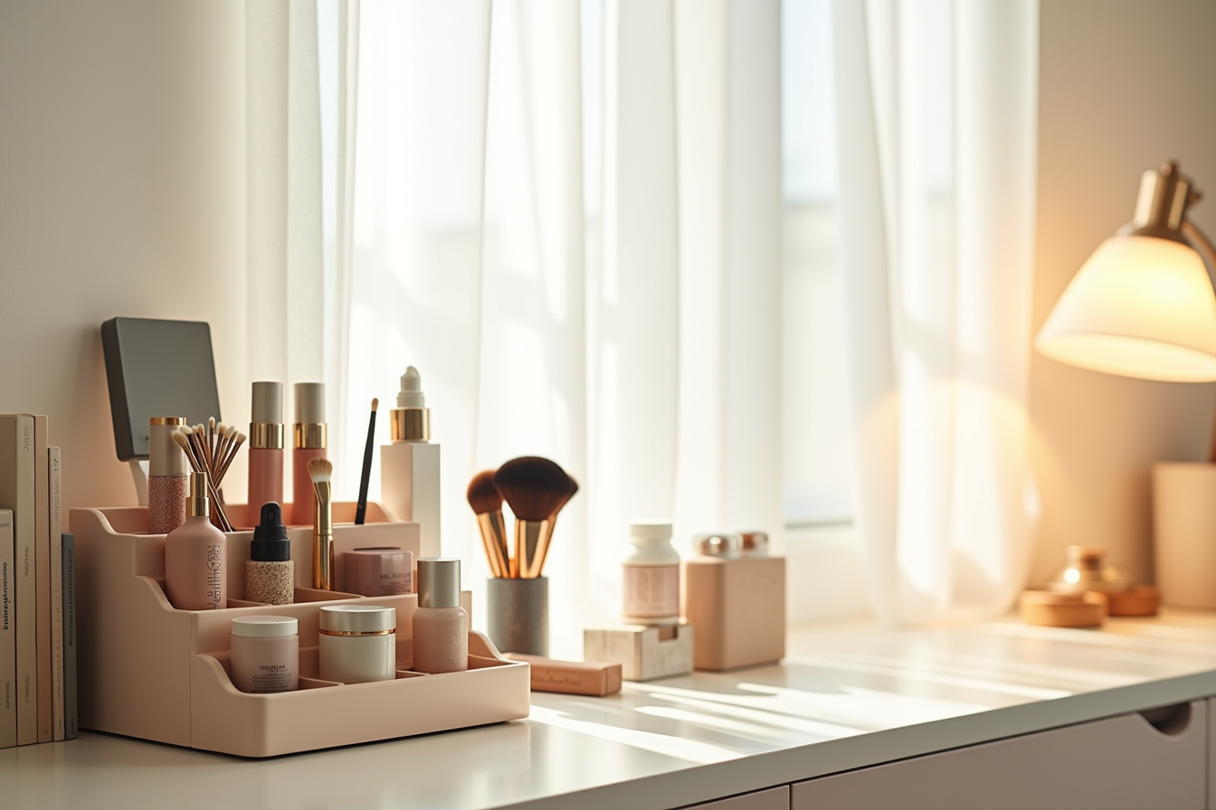 Tiered countertop organizer displays cosmetic bottles, jars, and upright brushes in compartments.