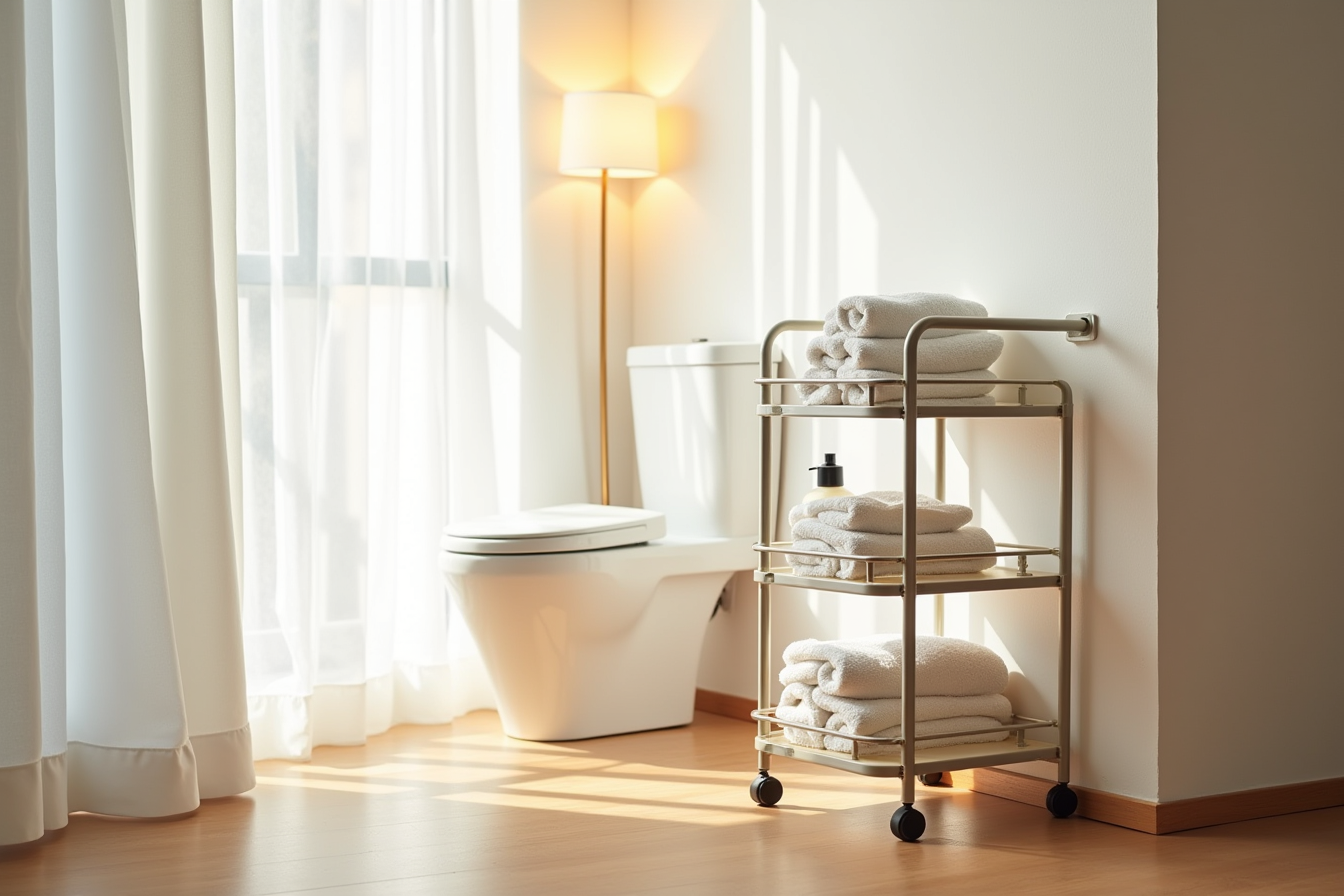 Slim three-tier rolling cart fits in tight space beside toilet, holding folded towels and bath products.