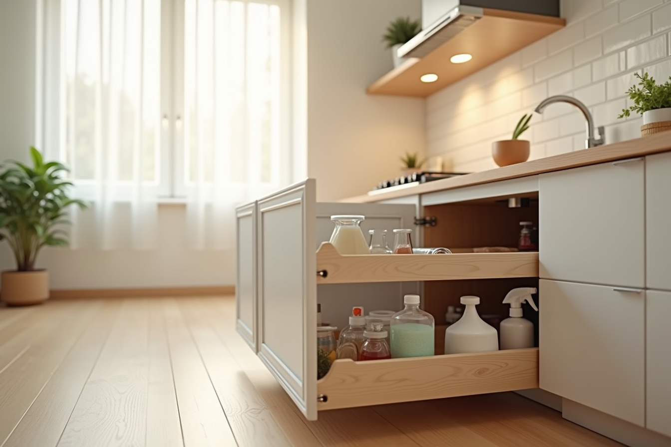 Nested pull-out organizer trays under sink hold cleaning bottles, jars, and storage containers.