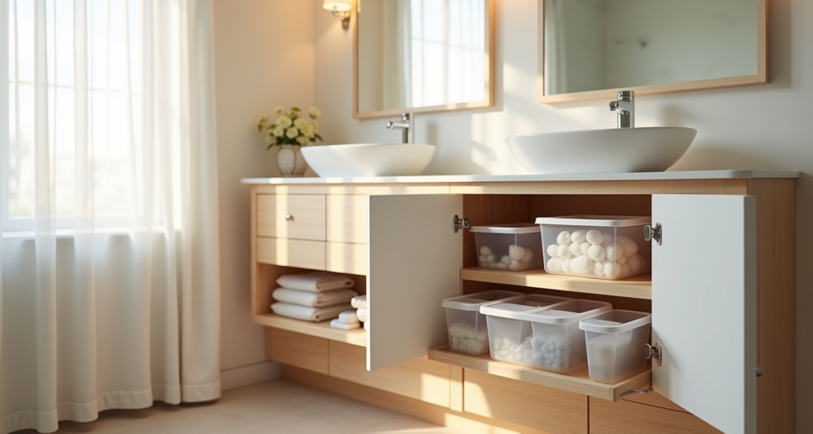 Open vanity cabinet displays stacked pull-out drawer organizers filled with clear plastic bins of toiletries.