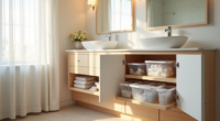 Open vanity cabinet displays stacked pull-out drawer organizers filled with clear plastic bins of toiletries.