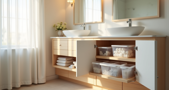 Open vanity cabinet displays stacked pull-out drawer organizers filled with clear plastic bins of toiletries.