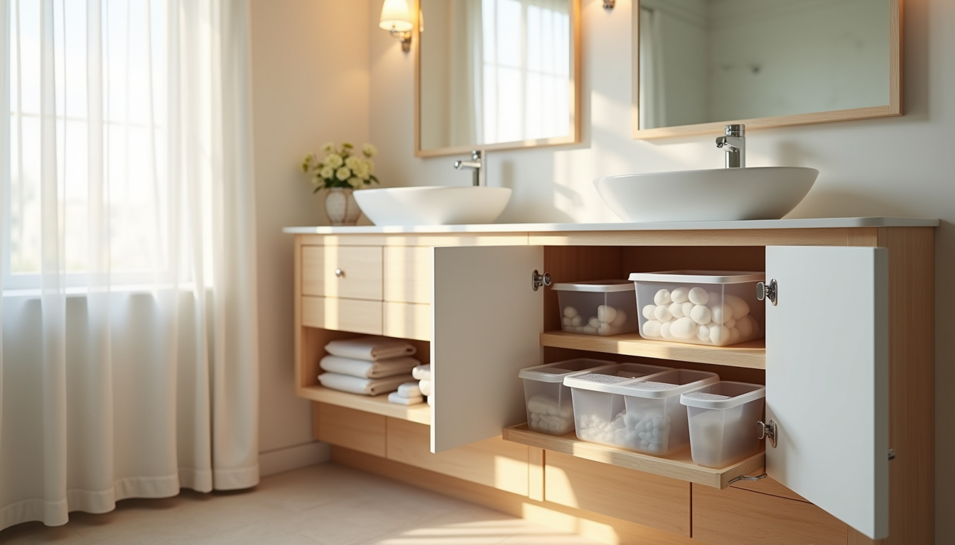 Open vanity cabinet displays stacked pull-out drawer organizers filled with clear plastic bins of toiletries.