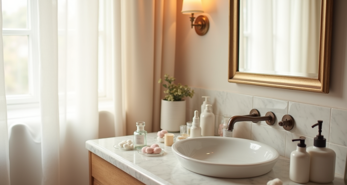 Marble vanity top covered with scattered cosmetics, medicine bottles, and cotton rounds next to a vanity mirror.