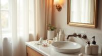 Marble vanity top covered with scattered cosmetics, medicine bottles, and cotton rounds next to a vanity mirror.