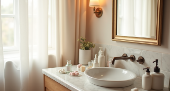 Marble vanity top covered with scattered cosmetics, medicine bottles, and cotton rounds next to a vanity mirror.