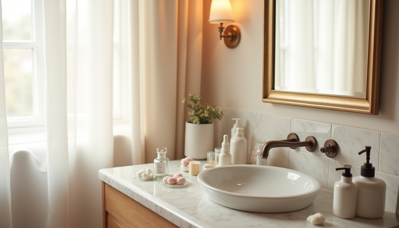 Marble vanity top covered with scattered cosmetics, medicine bottles, and cotton rounds next to a vanity mirror.