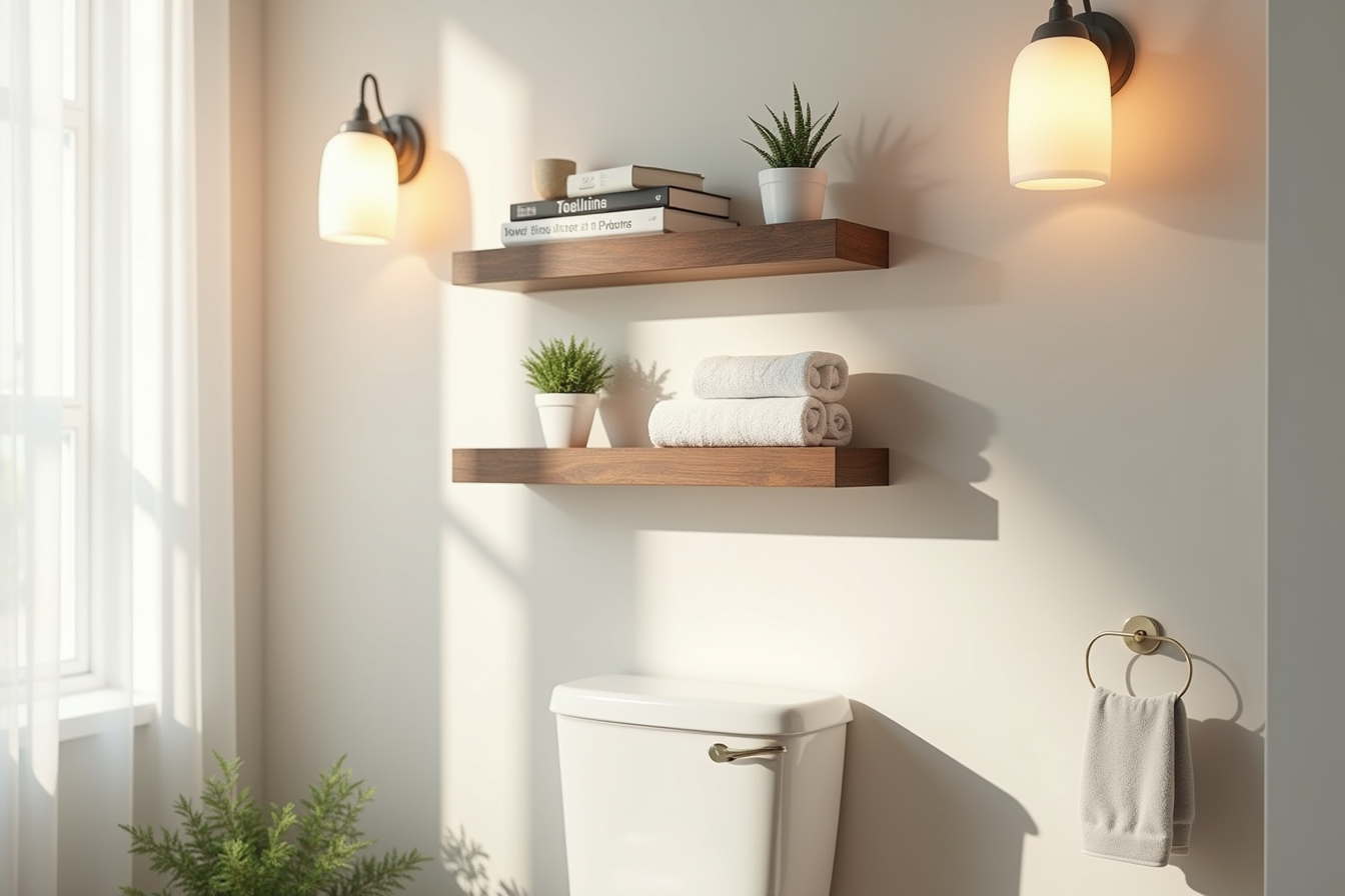 Two rustic brown floating shelves above a toilet displaying rolled towels, decorative containers, and small potted plants.