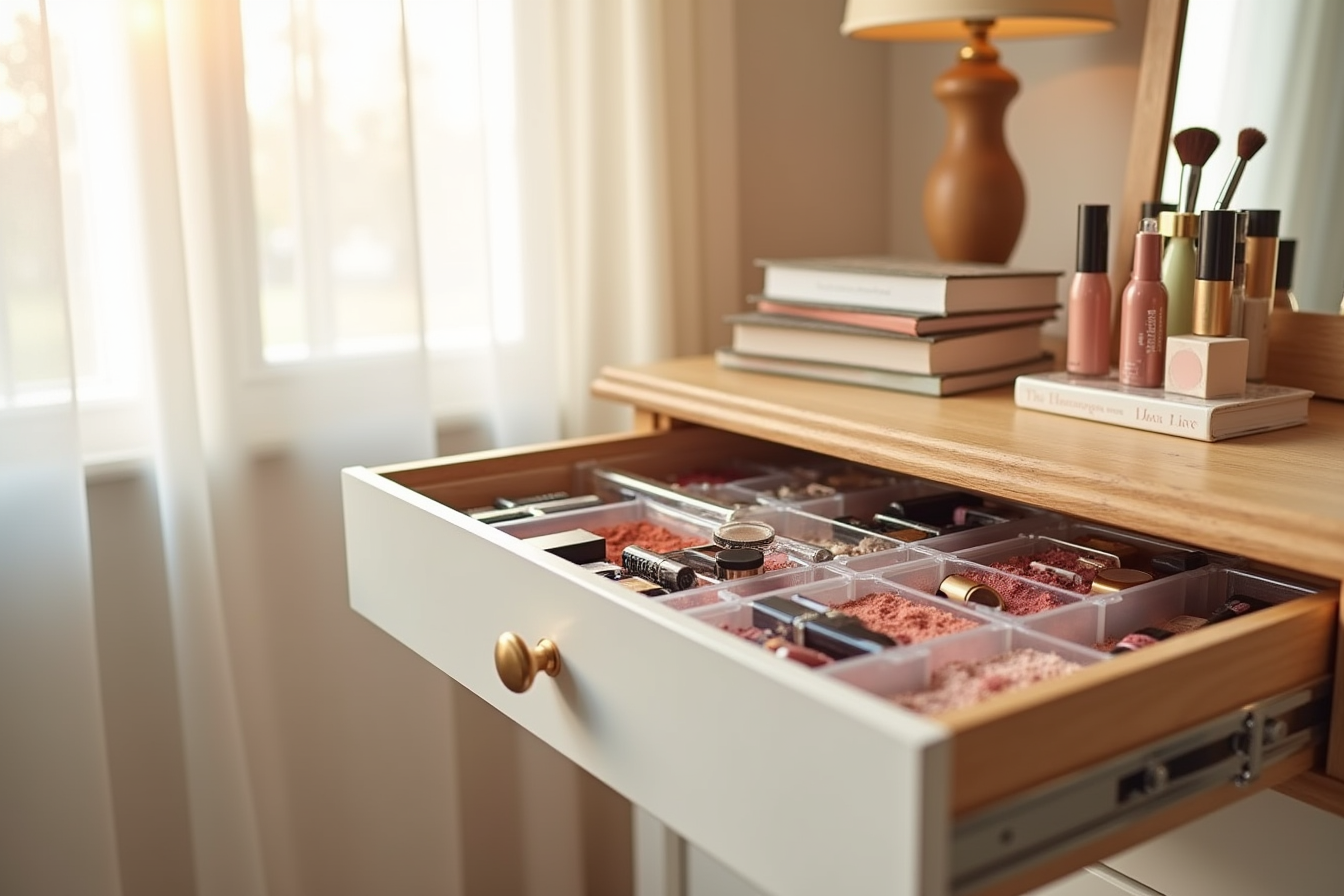Vanity drawer with clear plastic compartment trays organizing makeup brushes, lipsticks, eyeshadow palettes, and cosmetics.