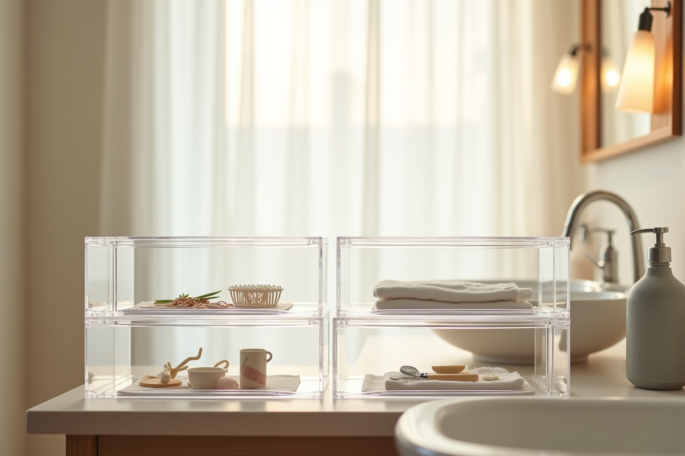 Four transparent stacked acrylic drawers under a sink containing cotton swabs, hair clips, medicine packets, and grooming