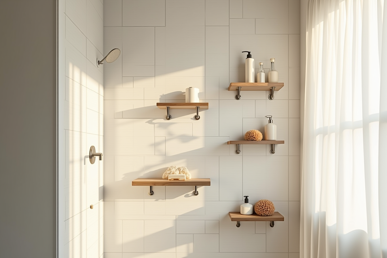 Five stainless steel shelves at varying heights on a shower tile wall displaying shampoo bottles, soap, and loofahs.