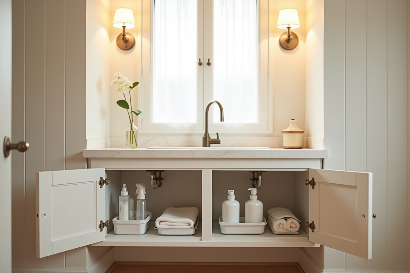 White tiered organizers with dividers inside an open under-sink cabinet holding spray bottles and cleaning products.