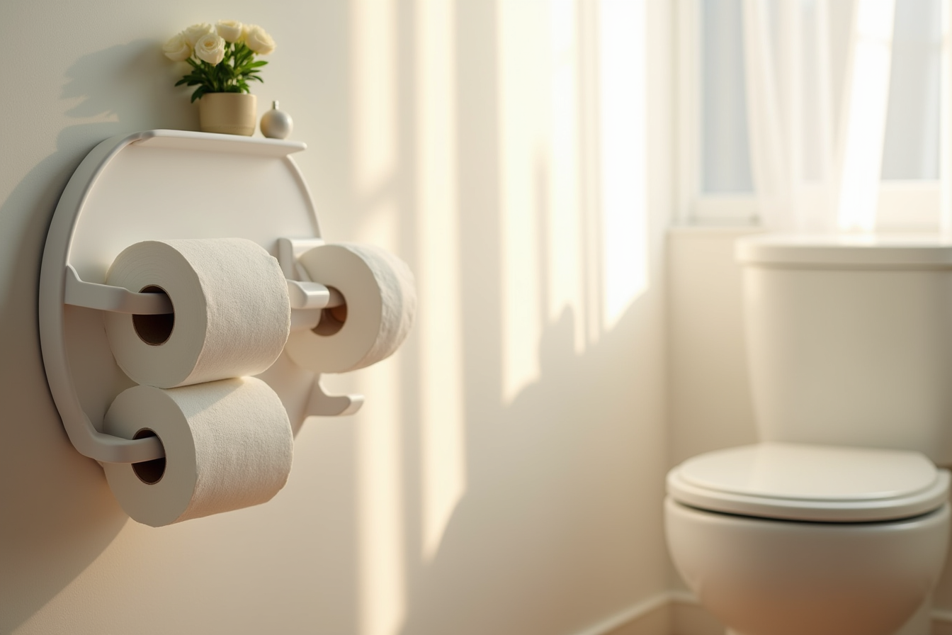 Round wall-mounted plate organizer beside a toilet holding four toilet paper rolls stacked vertically around a central post.