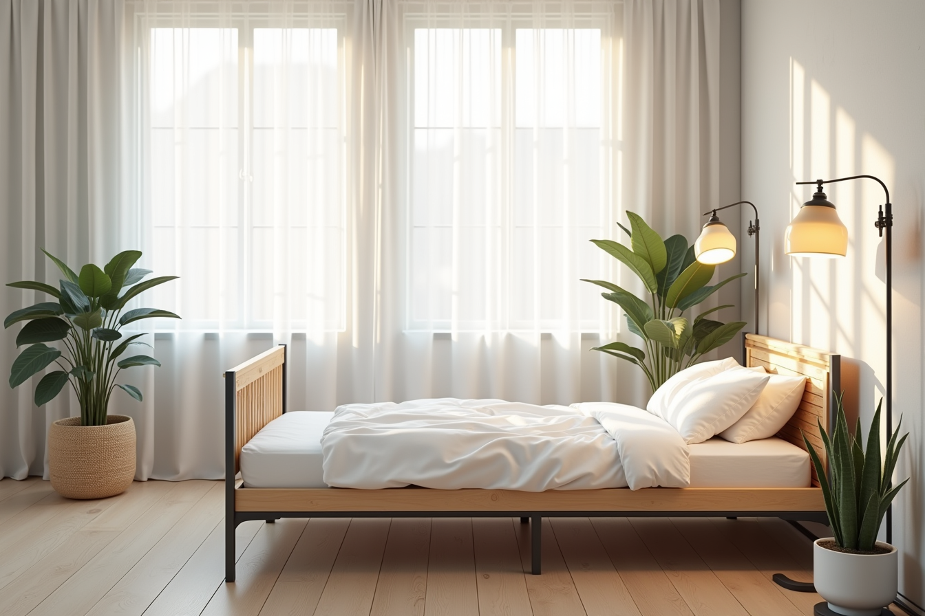 Gray-washed bamboo and metal bed frame with wooden slats positioned low, steel supports, and nearby potted succulents.