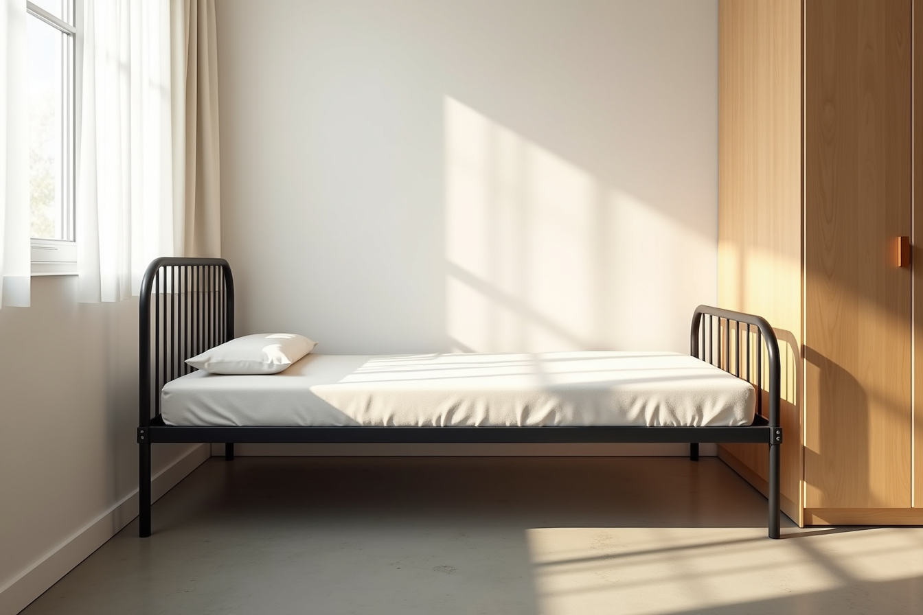 Black metal twin platform bed with industrial supports and storage boxes underneath on concrete floor.