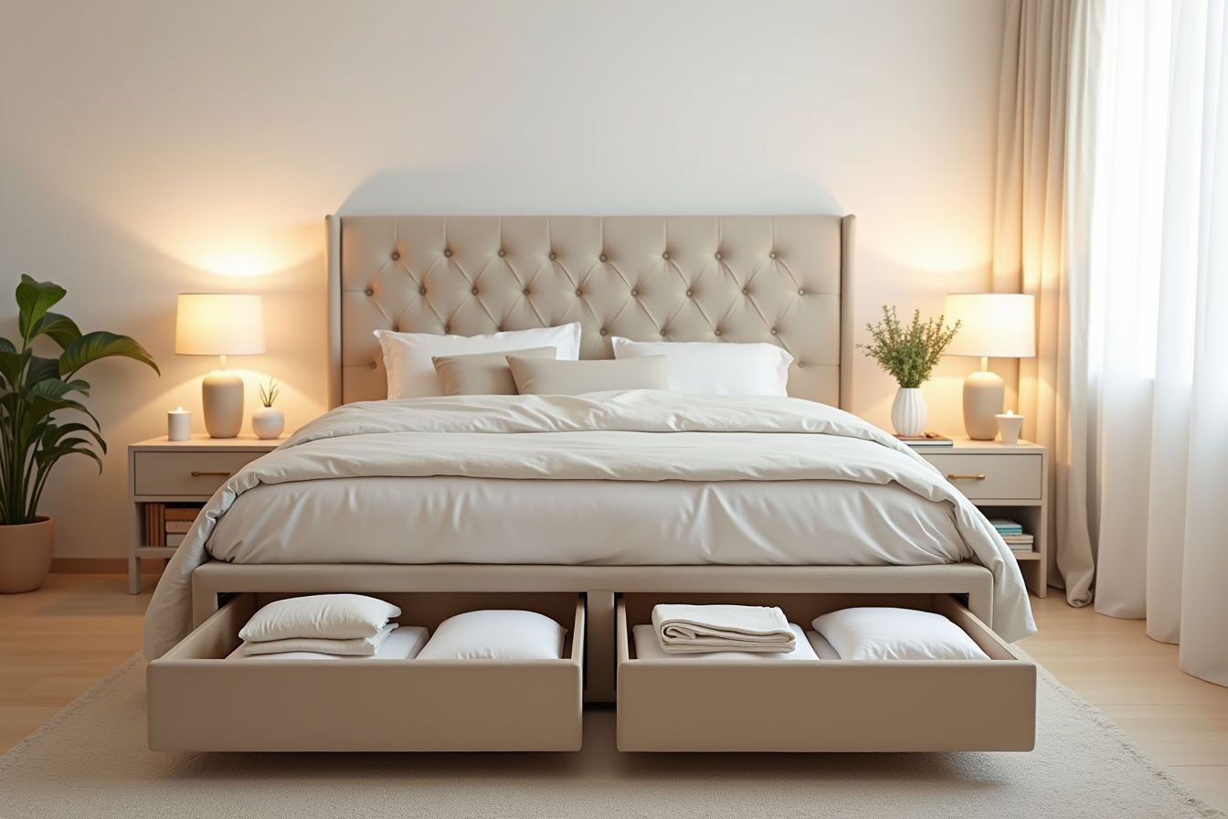 Beige button-tufted bed with four open storage drawers displaying folded linens and clothing.