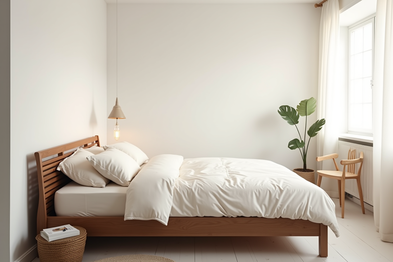 Low-profile espresso wood platform bed with cream linens and wooden slat support in Scandinavian-style room.