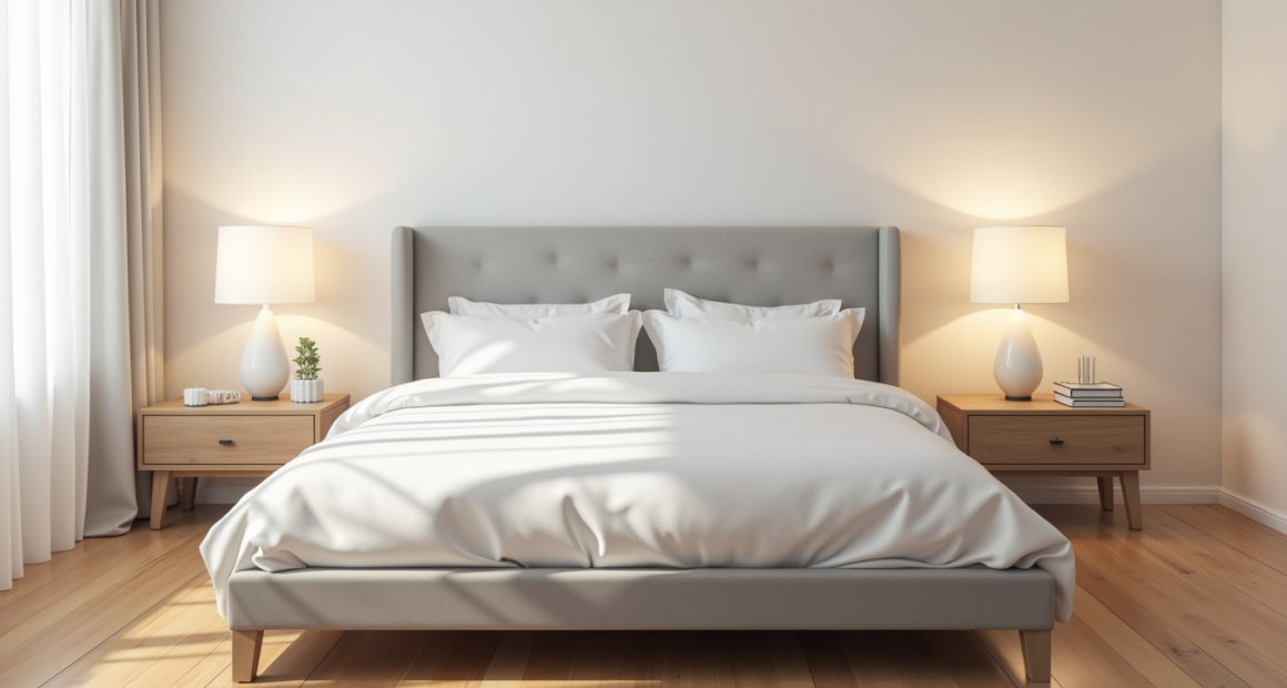 Queen bed with gray upholstered headboard and platform base, flanked by nightstands on warm wood flooring.