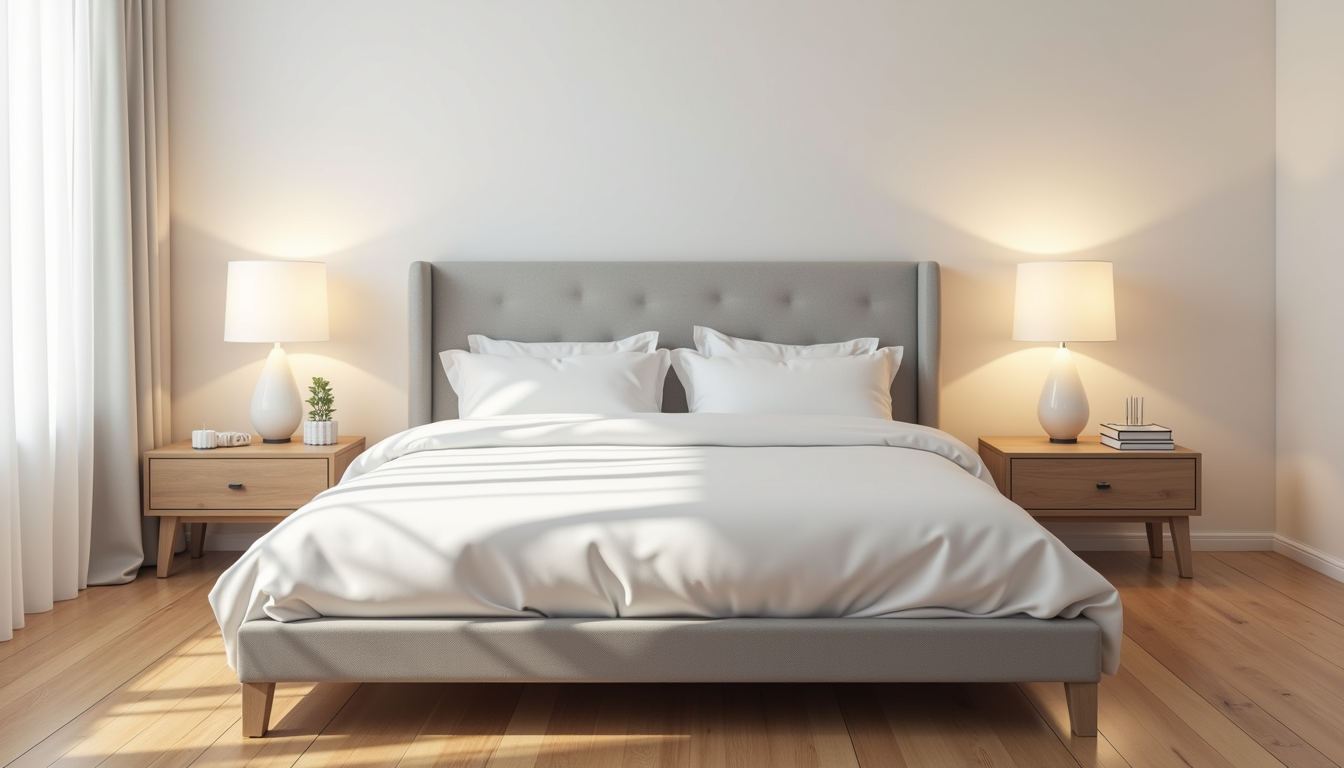 Queen bed with gray upholstered headboard and platform base, flanked by nightstands on warm wood flooring.