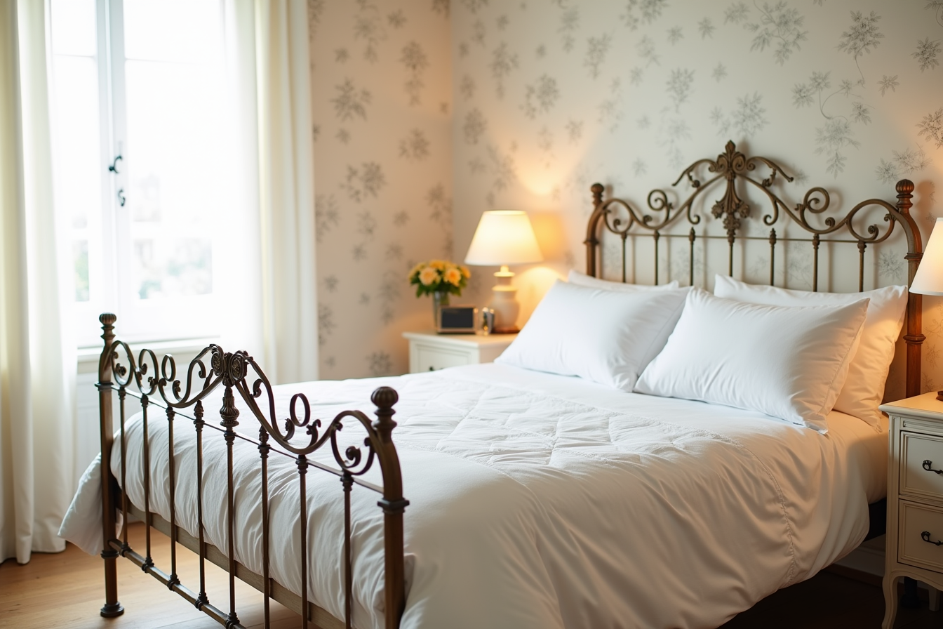 Ornate aged bronze metal bed with Victorian scrollwork headboard, footboard, white quilted bedding, and floral wallpaper.