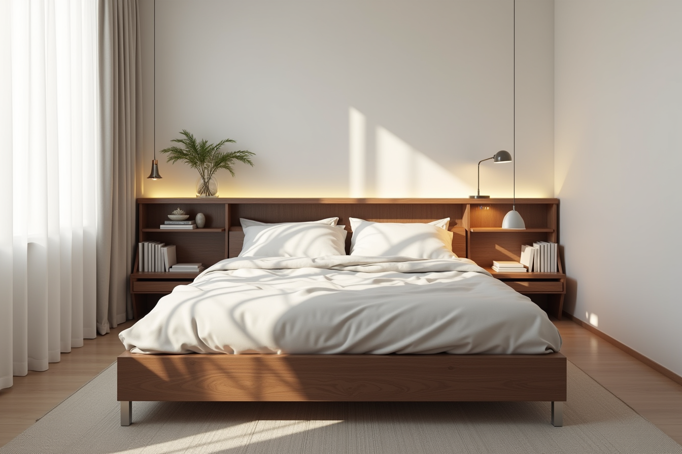 Dark brown platform bed with integrated two-tier shelf headboard displaying books, decorative objects, and lamp.