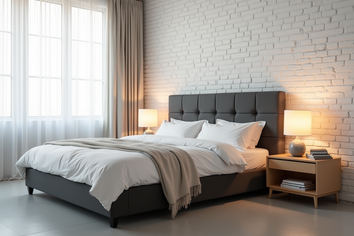 Dark gray tufted bed against white brick wall with ceramic lamp, throw blanket, and polished concrete flooring.