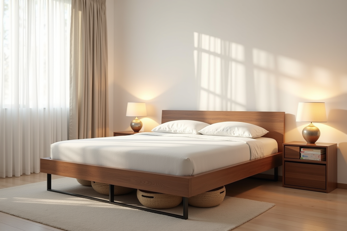 Walnut headboard and footboard with metal supports and storage baskets underneath the bed frame.