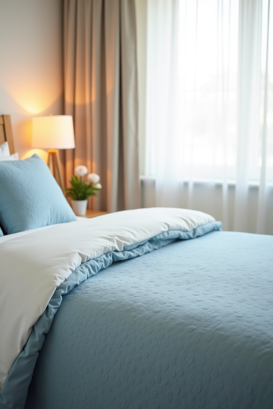 A blue coverlet with coin pattern texture draped on a guest bed, viewed from above to highlight the textured design.