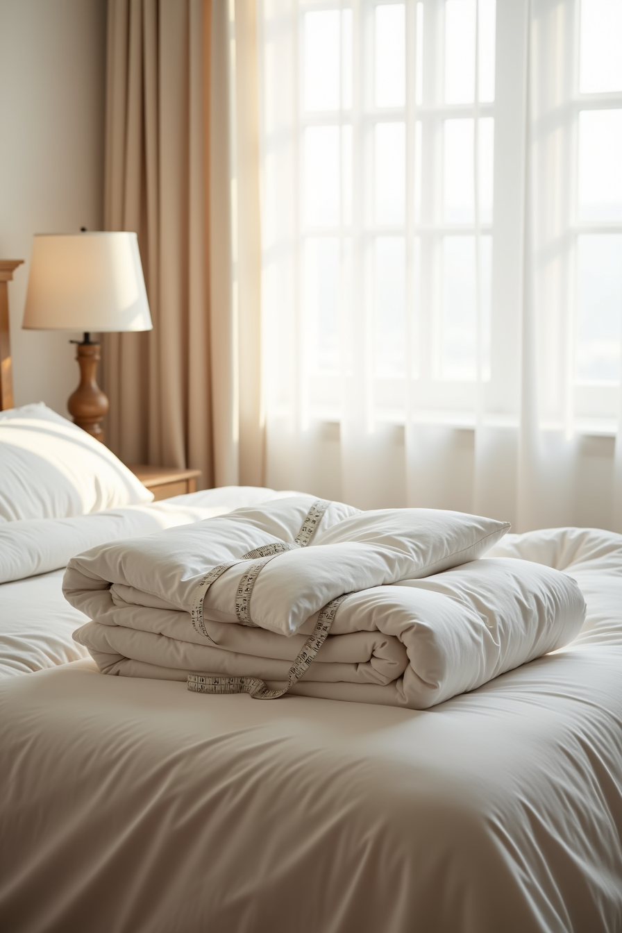 A folded white comforter on a wooden bench with a measuring tape showing its width in natural light.