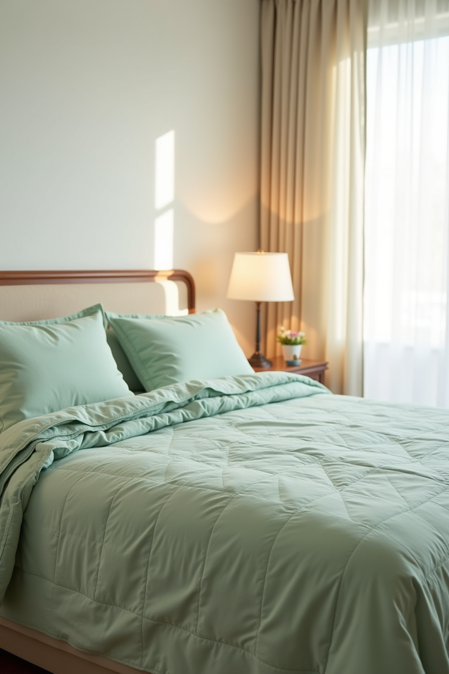 A green cotton quilt on a queen bed with matching upright shams, showing the quilt's lightweight texture from the side.