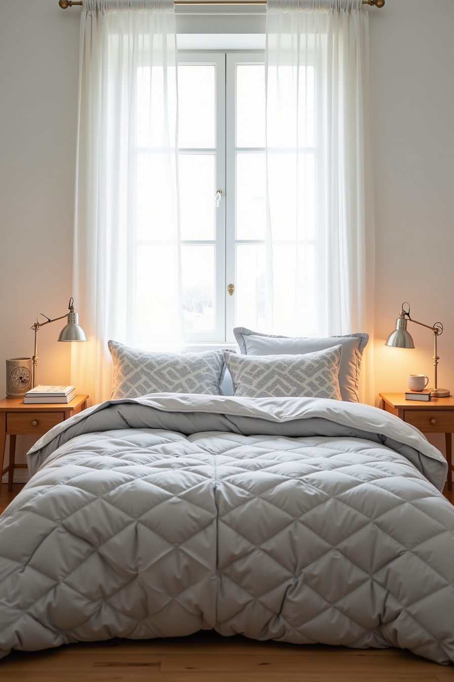 A grey comforter with silver geometric diamond pattern on a bed, flanked by decorative patterned pillows in a straight-on