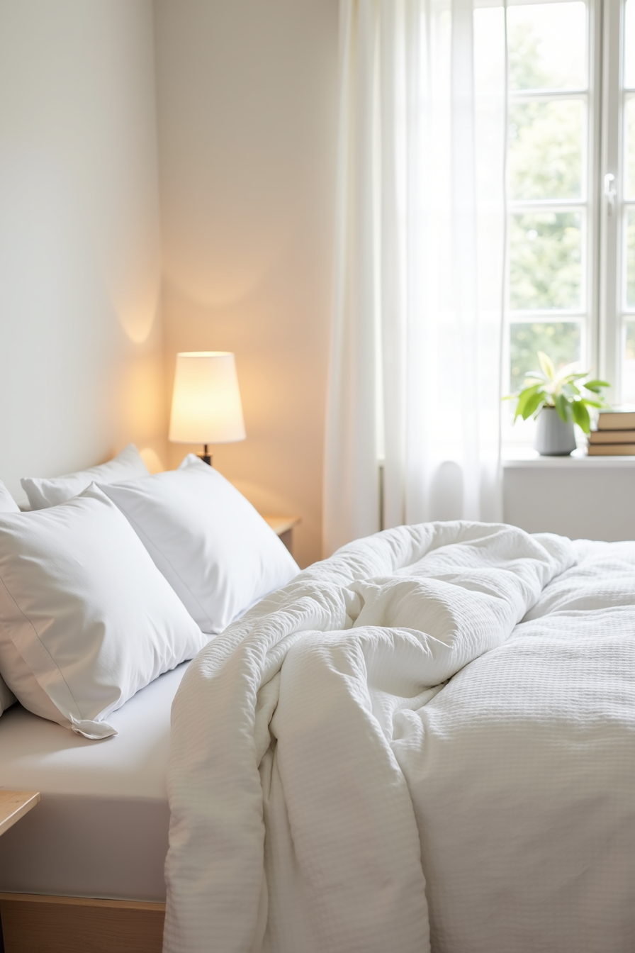 A white seersucker comforter bunched at a bed corner with pillowcases, showing the waffle-weave texture in close detail.