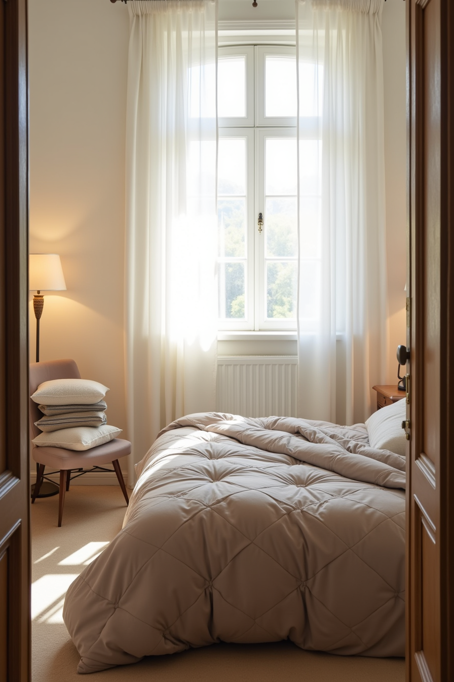 A taupe diamond-tufted comforter with matching curtains, stacked pillows, and bedding bundles visible from the doorway.