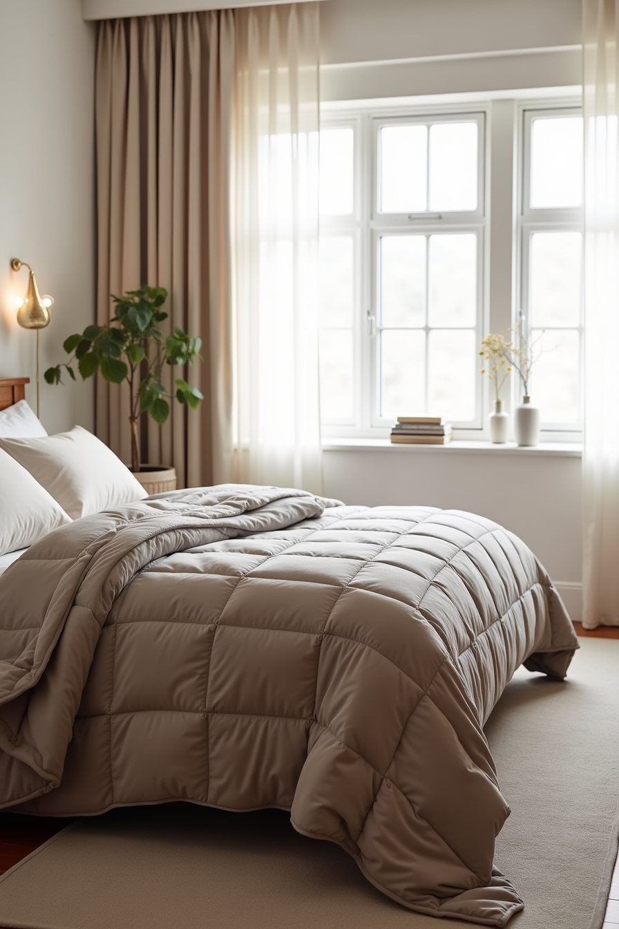 An oversized taupe velvet quilt with channel stitching draped on a california king bed, viewed from the foot.