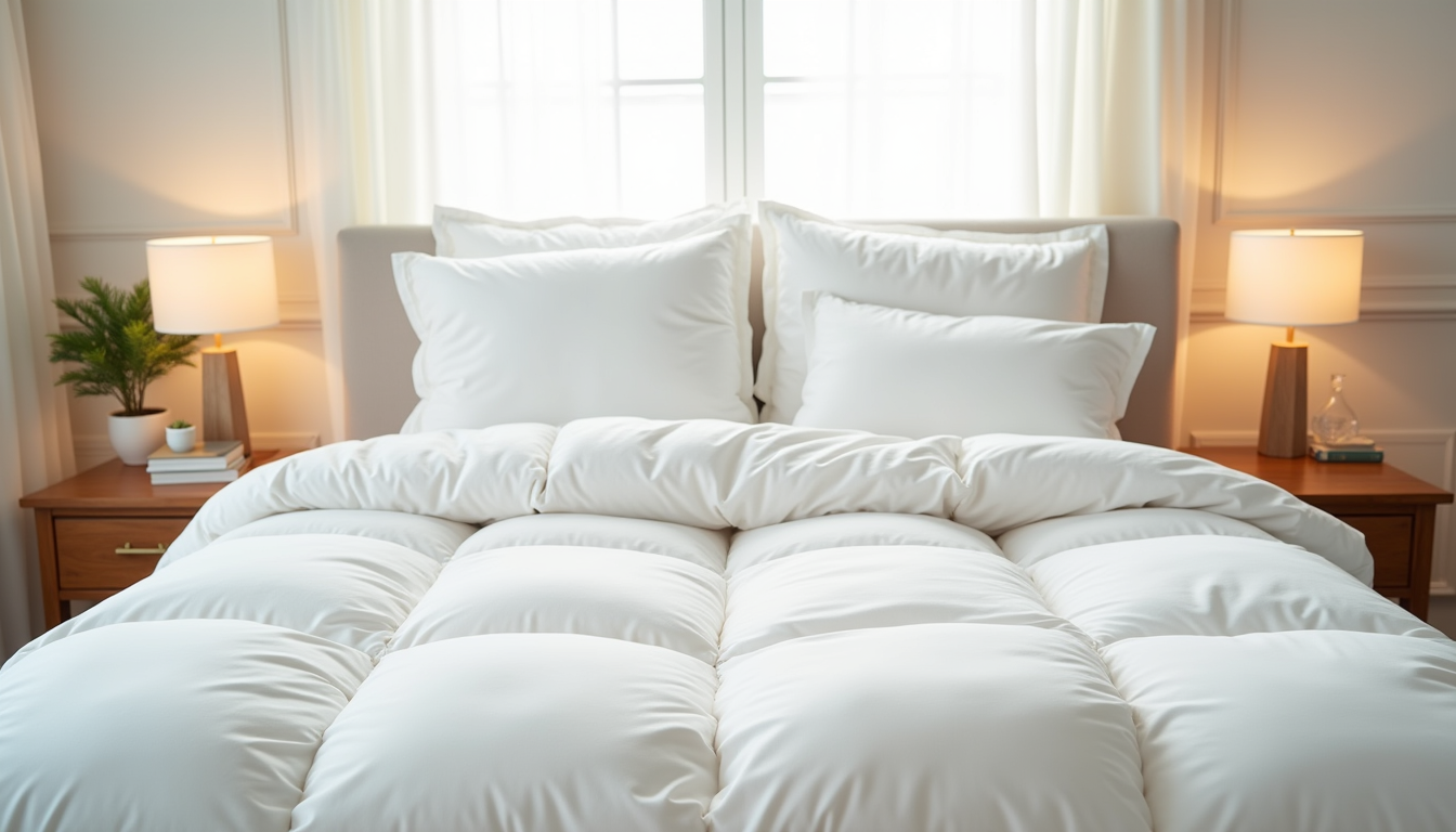 Overhead view showing a white comforter and matching shams on a bed with soft morning shadows.