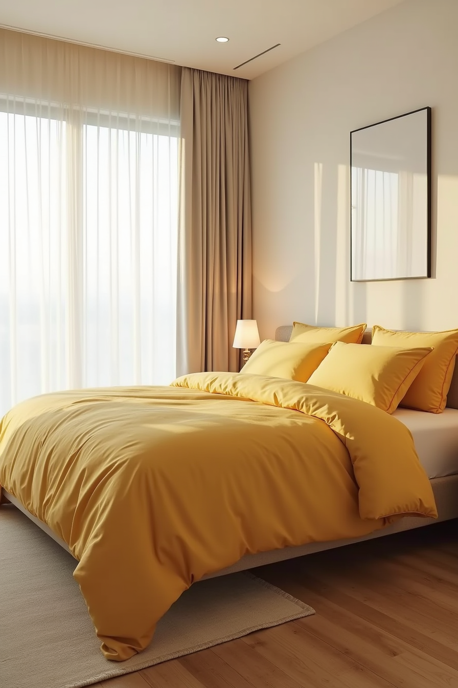 A king bed dressed in yellow bedding with stacked pillows and folded sheets viewed from above at an angle.