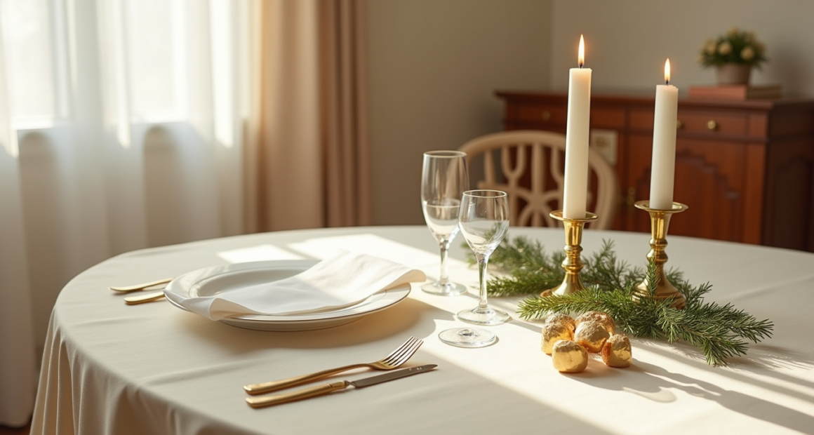 Formal place setting with brass candle holders, white plate, evergreen sprigs, and chocolates on a cream tablecloth lit by