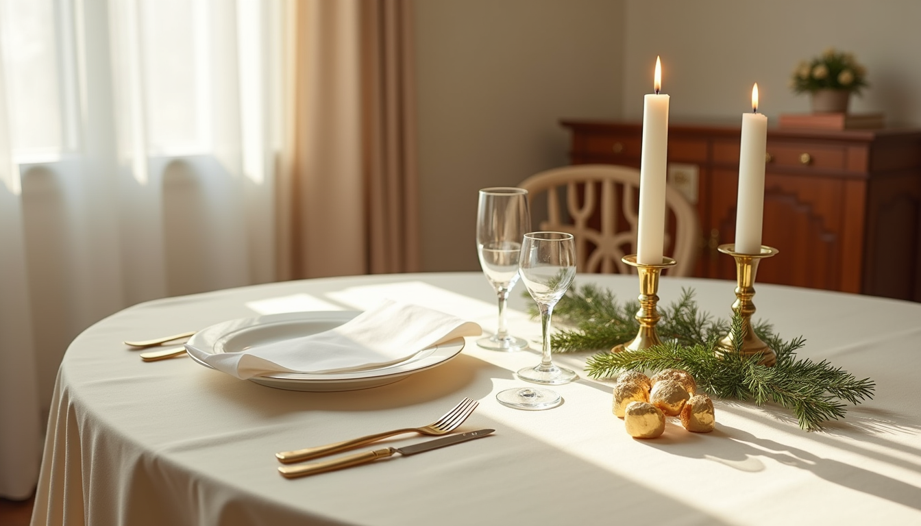 Formal place setting with brass candle holders, white plate, evergreen sprigs, and chocolates on a cream tablecloth lit by