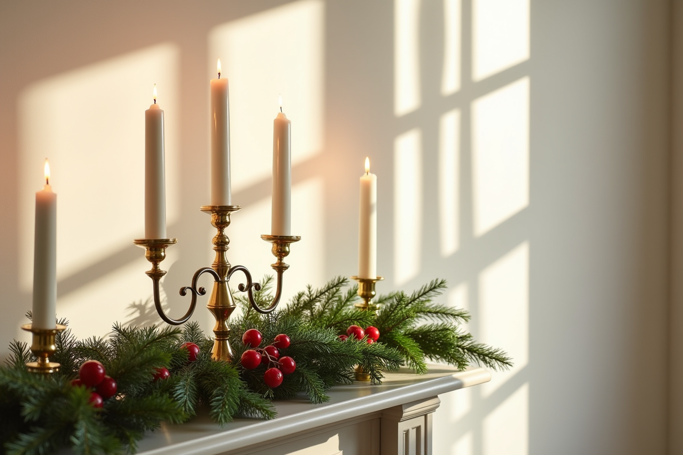 Brass triple candelabrum on a mantel with three lit candles, evergreen swags, and red berries at the base.