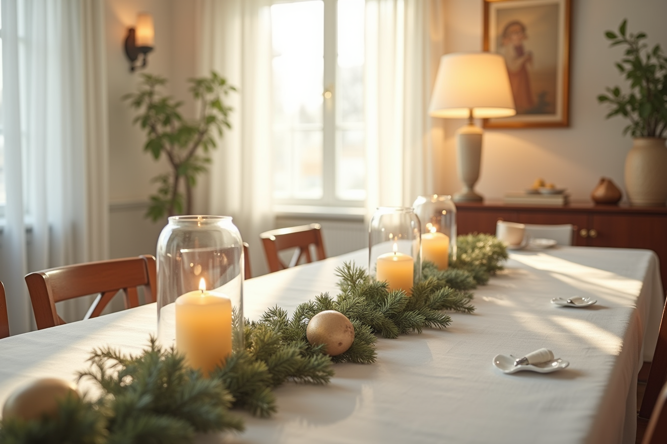 Two glass hurricane candle holders with lit tapers spaced along a dining table with garland running between them.