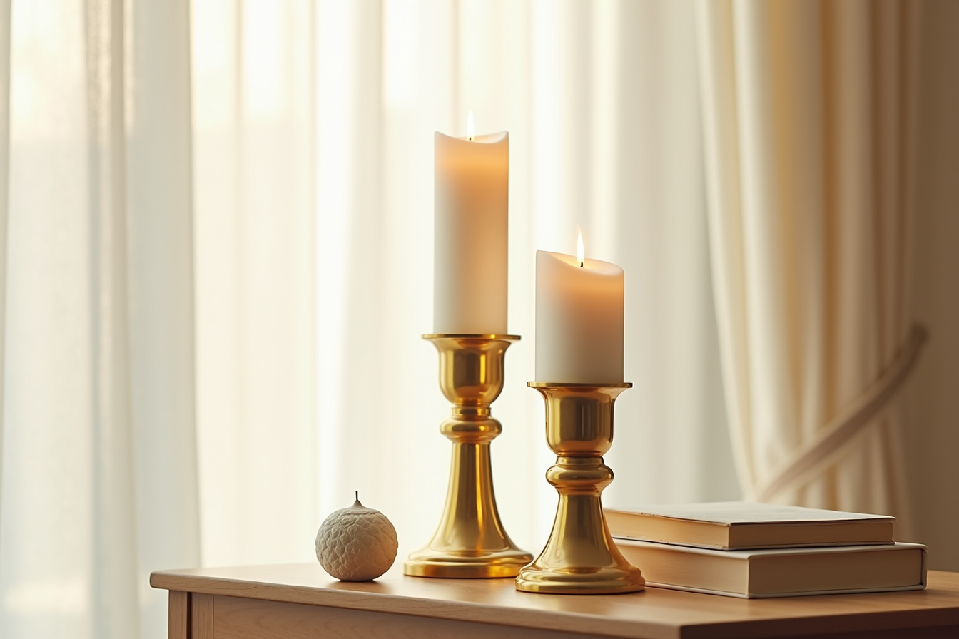 Two gold pillar holders of different heights with flameless candles, a closed book, and ornament on a side table.