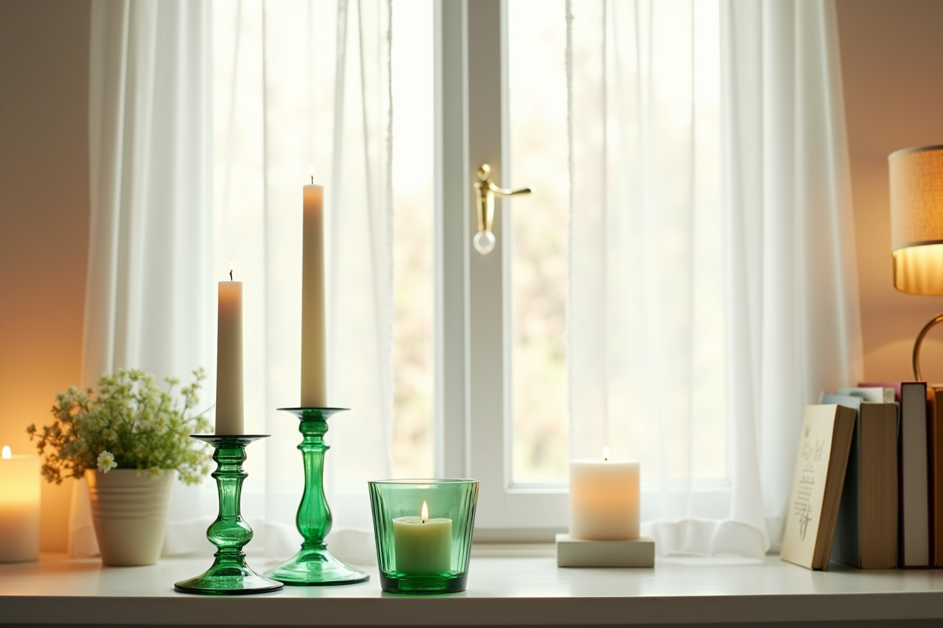 Three green glass holders on a shelf displaying a taper candle, tealight, and pillar candle with soft lighting.
