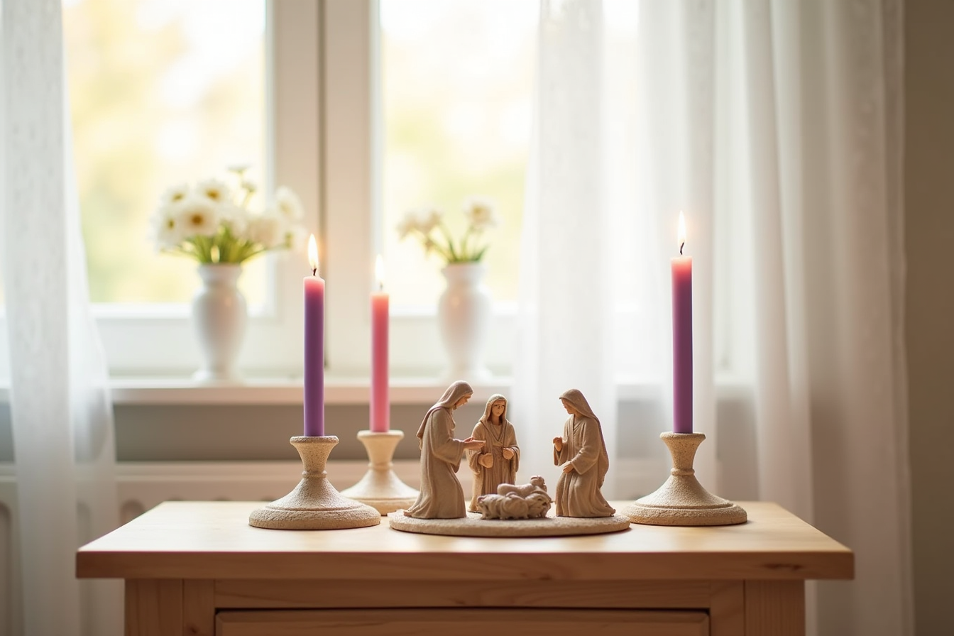 Nativity Advent display with four lit candles—three purple and one pink—among figurines on a wooden table.