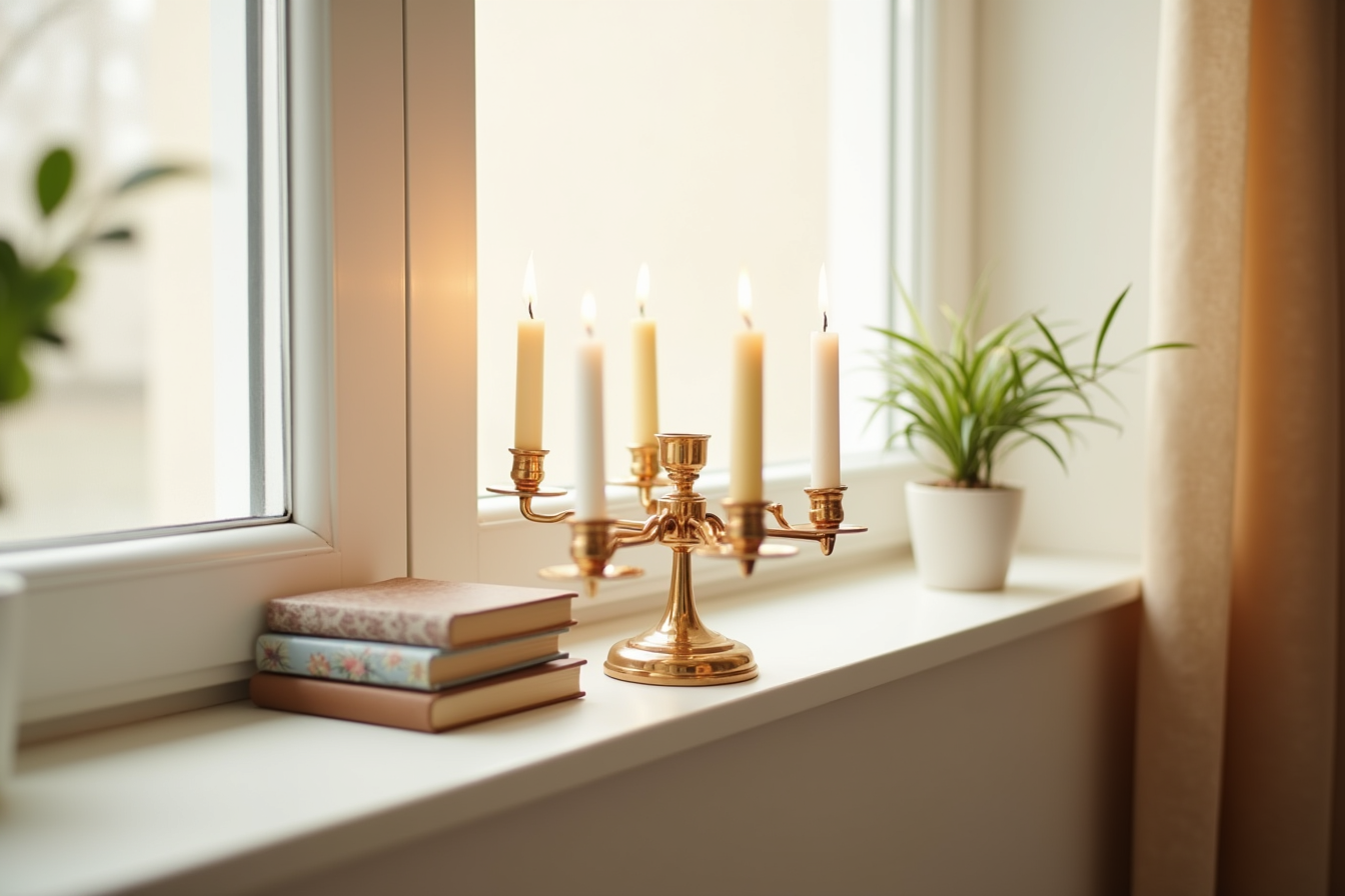 Rotary candle holder with four arms and two lit candles on a dorm shelf between books and a small plant.