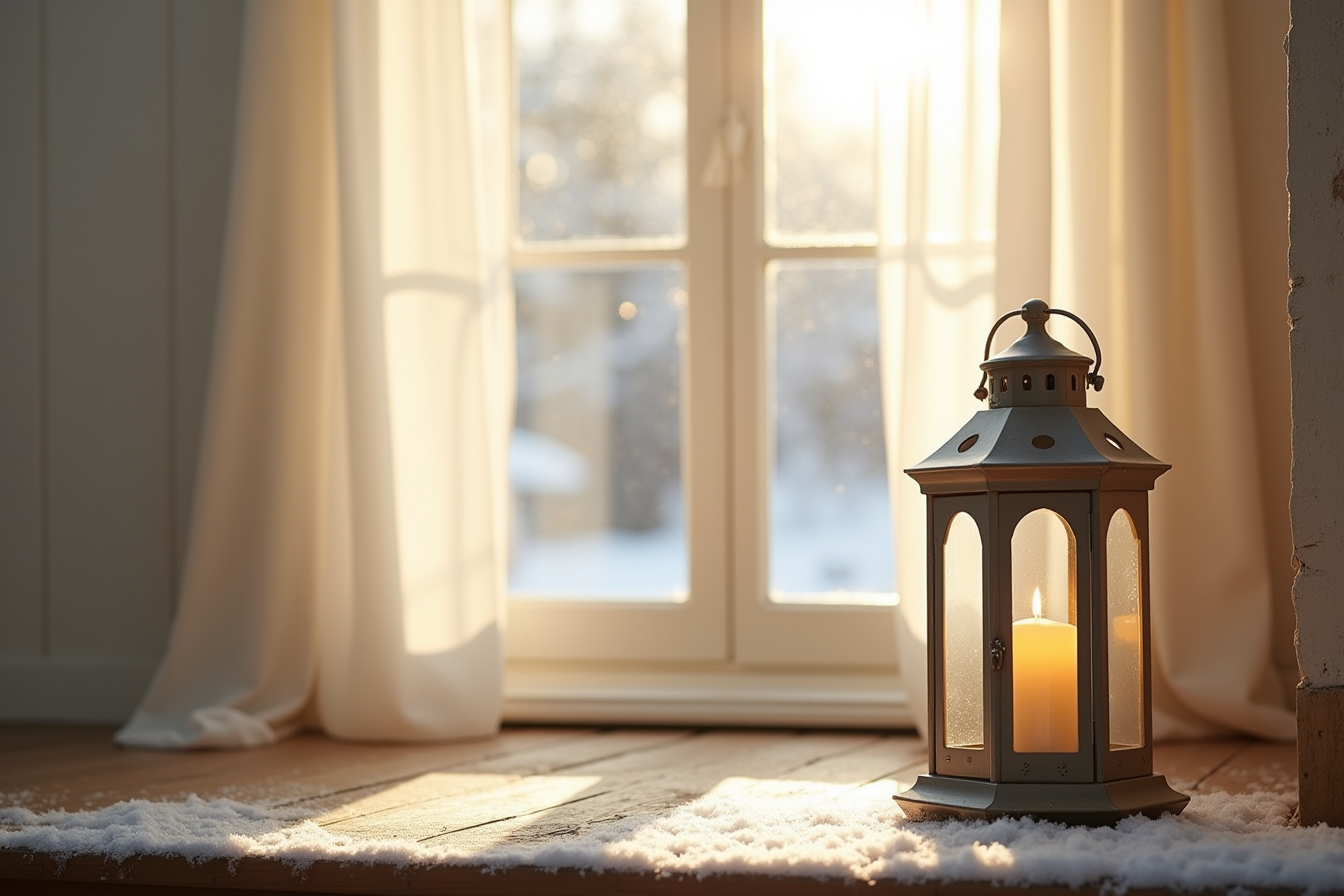 Vintage metal candle lantern with glass panes on a frosted porch step with a lit candle glowing inside.