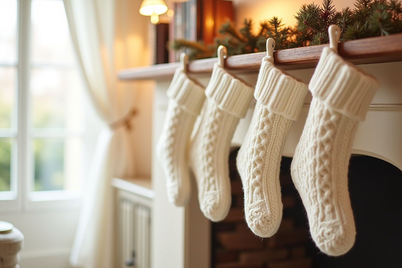 Four ivory cable-knit stockings with visible texture hang in a row from a mantel using metal hooks.