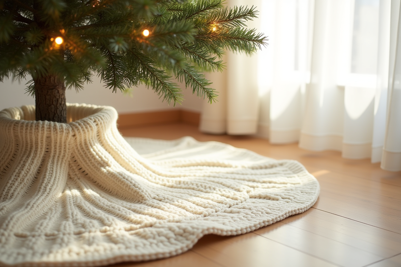 An ivory cable-knit tree skirt with visible texture surrounds the base of a Christmas tree.