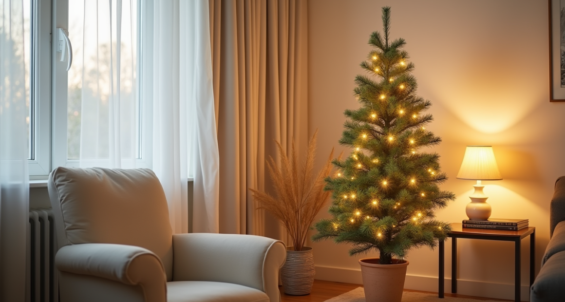 A small lit fir tree sits on a side table in a living room corner next to a cream armchair, with warm white lights glowing