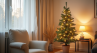 A small lit fir tree sits on a side table in a living room corner next to a cream armchair, with warm white lights glowing